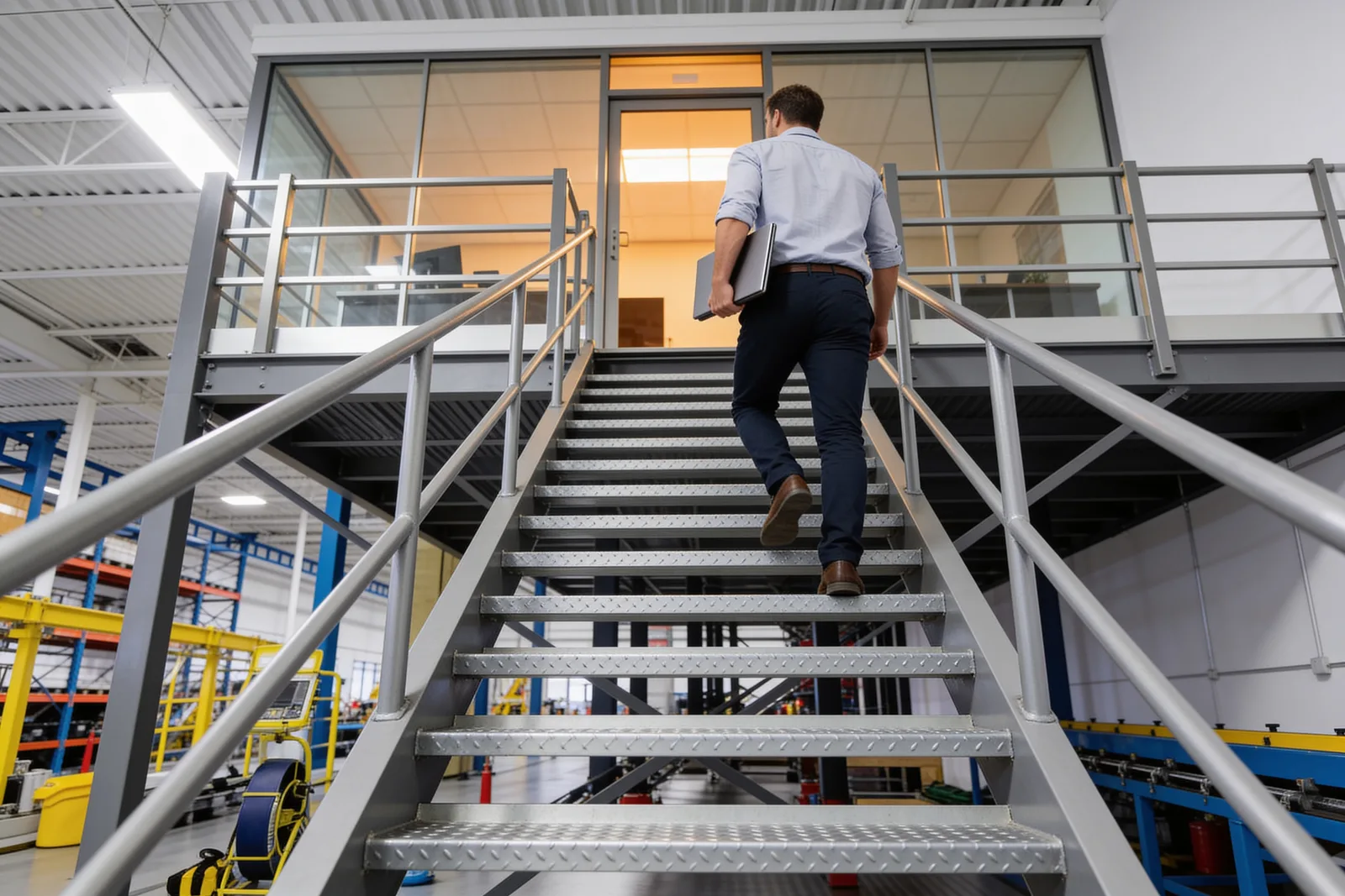 Manager carrying a laptop up a galvanized staircase toward a glass-fronted office mezzanine