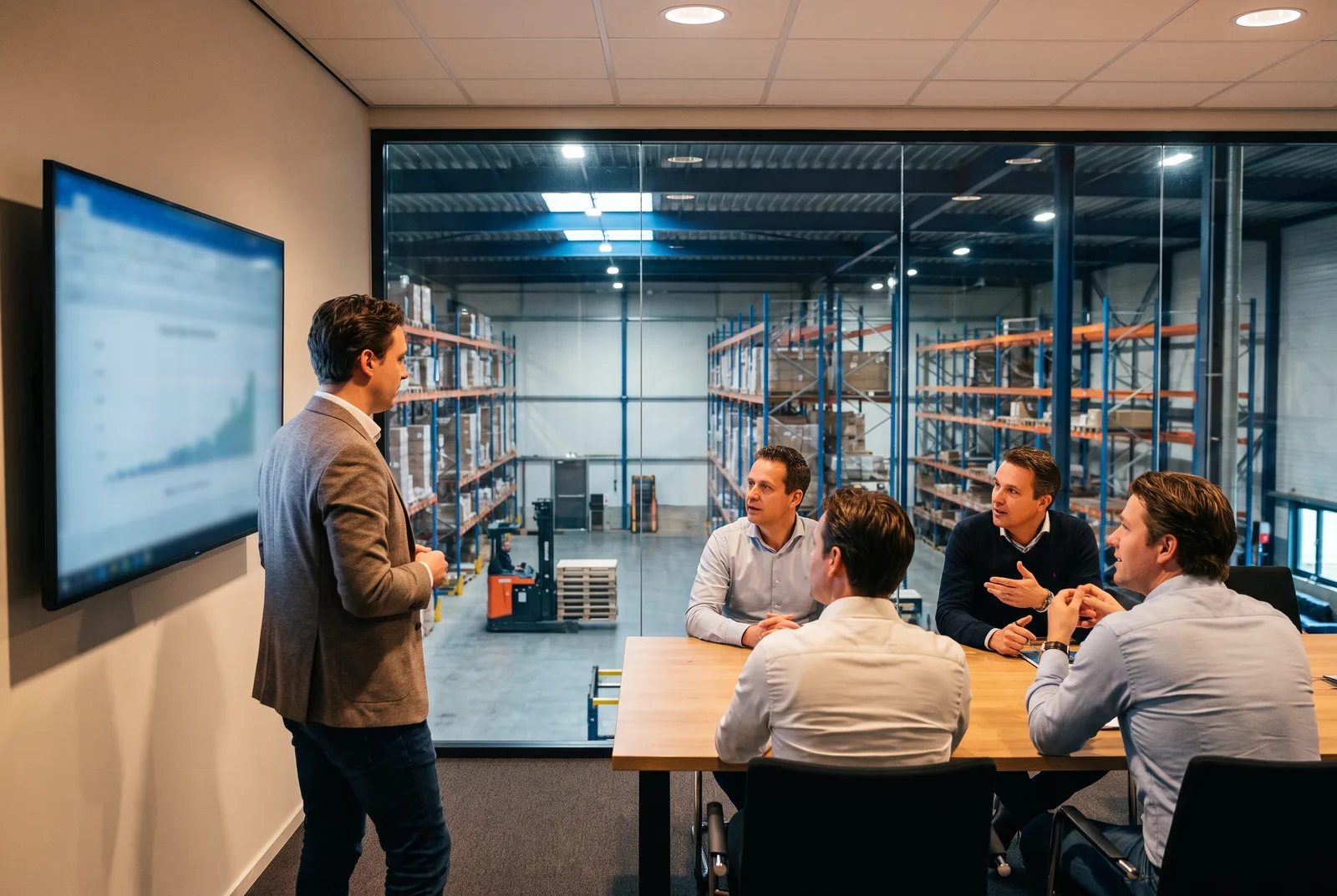 Team meeting in a mezzanine conference room with a glass wall overlooking racking on the warehouse floor below