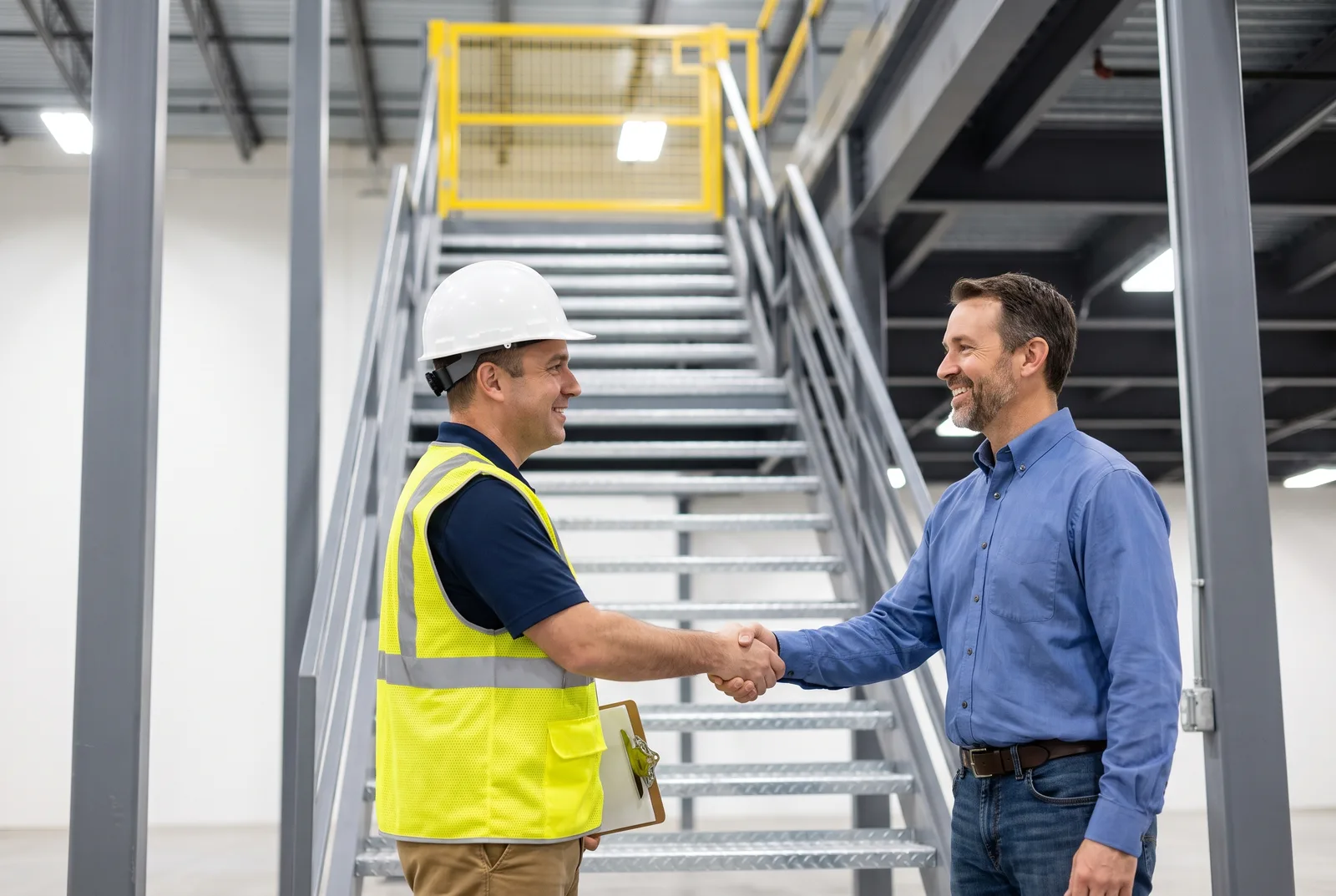 Building inspector shaking hands with a facility manager at the base of a newly completed mezzanine staircase after a passed final inspection