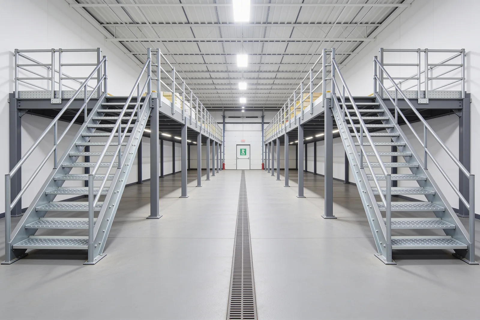 Long steel mezzanine with two separate staircases at opposite ends illustrating the two exit paths reviewed during permitting