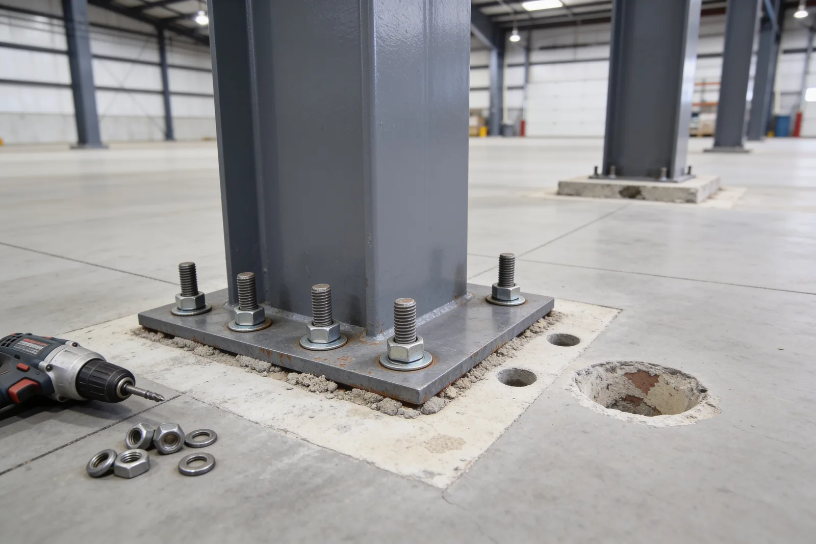 Close-up of a slate-grey square tube steel column base plate bolted to a concrete slab with four exposed anchor bolts and nuts, a cordless drill and loose nuts and washers lying on the slab beside it, and an adjacent lighter-coloured concrete patch showing two empty anchor holes where another base plate has been removed