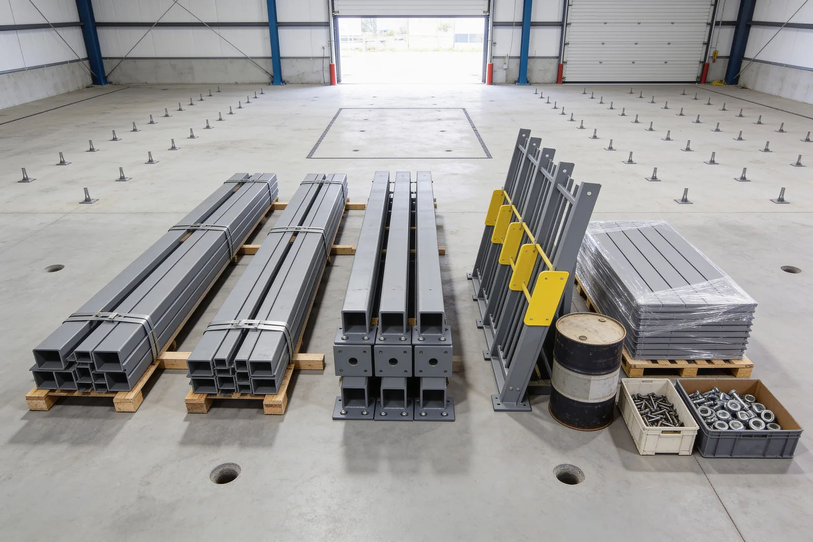 Dismantled grey steel mezzanine components sorted into piles on a warehouse floor — bundled C-section beams strapped to timber dunnage, stacked square tube columns with base plates attached, guardrail sections with safety-yellow kick plates, a shrink-wrapped pallet of deck panels, and a drum and crates of loose bolts and washers — with rows of anchor studs still standing in the bare slab behind