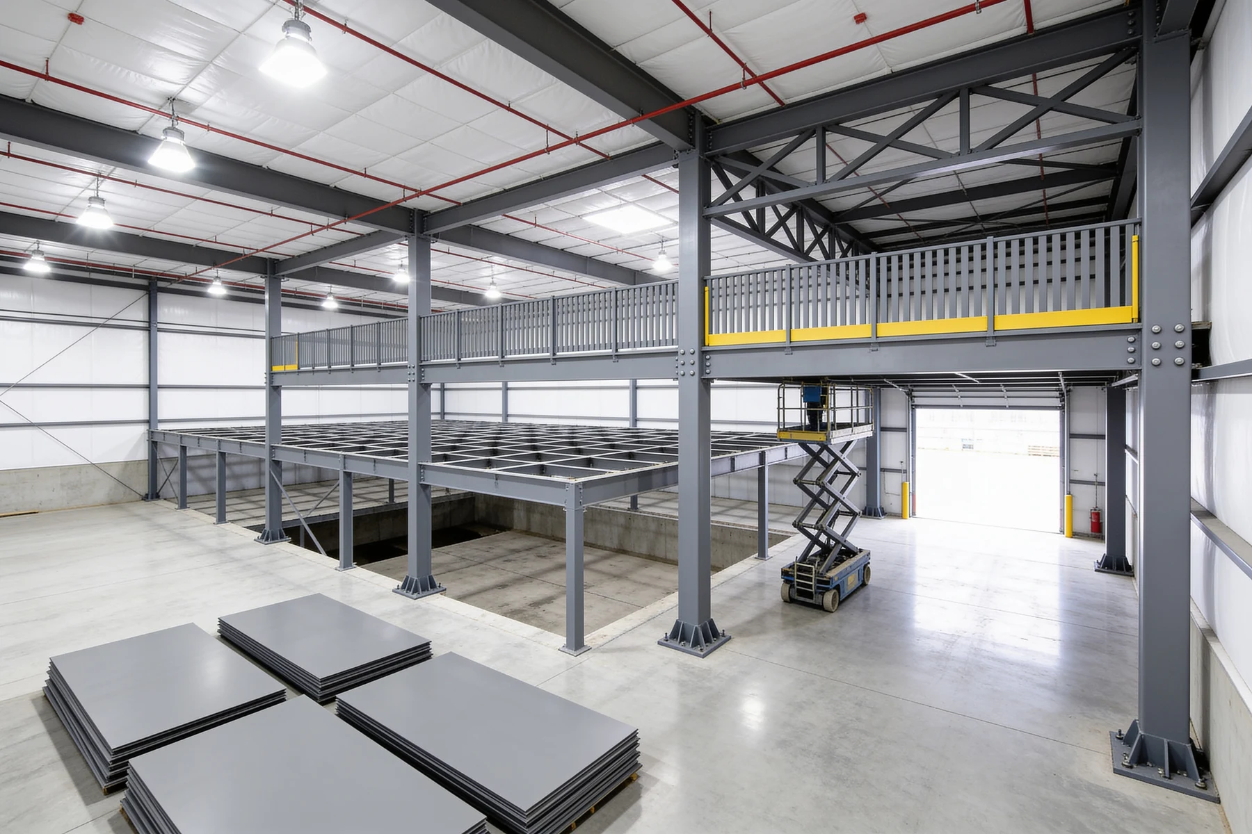Free-standing grey steel mezzanine part-way through dismantling inside an empty warehouse, the decking stripped from the left half to expose the bare grid of beams and joists while the right half still carries its picket guardrail and yellow kick plate, with grey deck panels stacked flat on the slab in the foreground and a scissor lift parked under the open bay