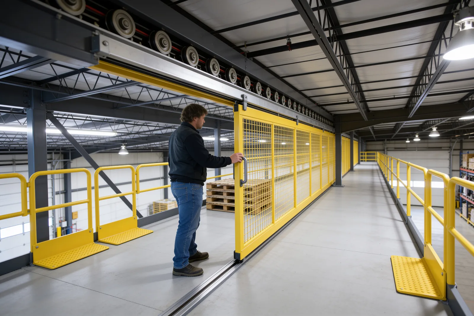 Worker sliding open a safety-yellow horizontal sliding gate along a mezzanine deck edge
