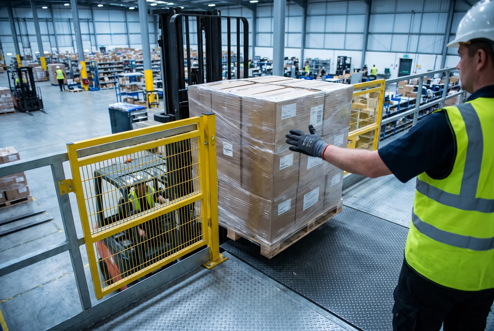 Pallet handoff at a mezzanine edge with a worker safely behind the gate barrier guiding a forklift's raised load