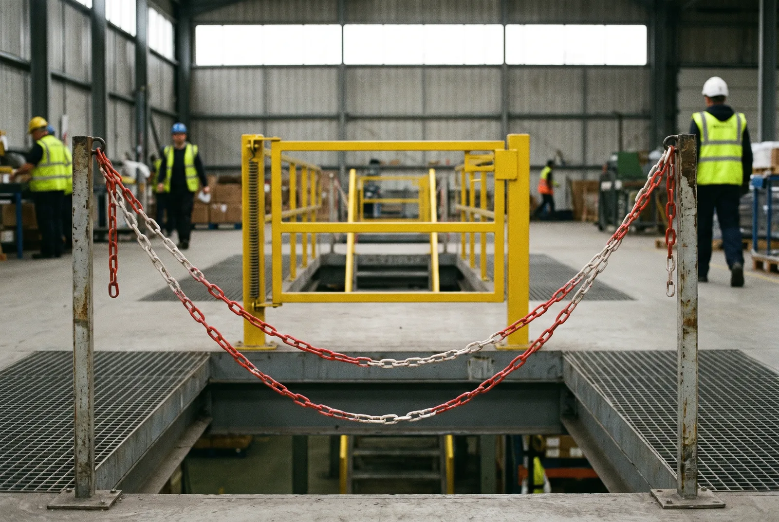 Sagging plastic chain at a mezzanine edge in the foreground with a proper safety-yellow gate standing firm behind