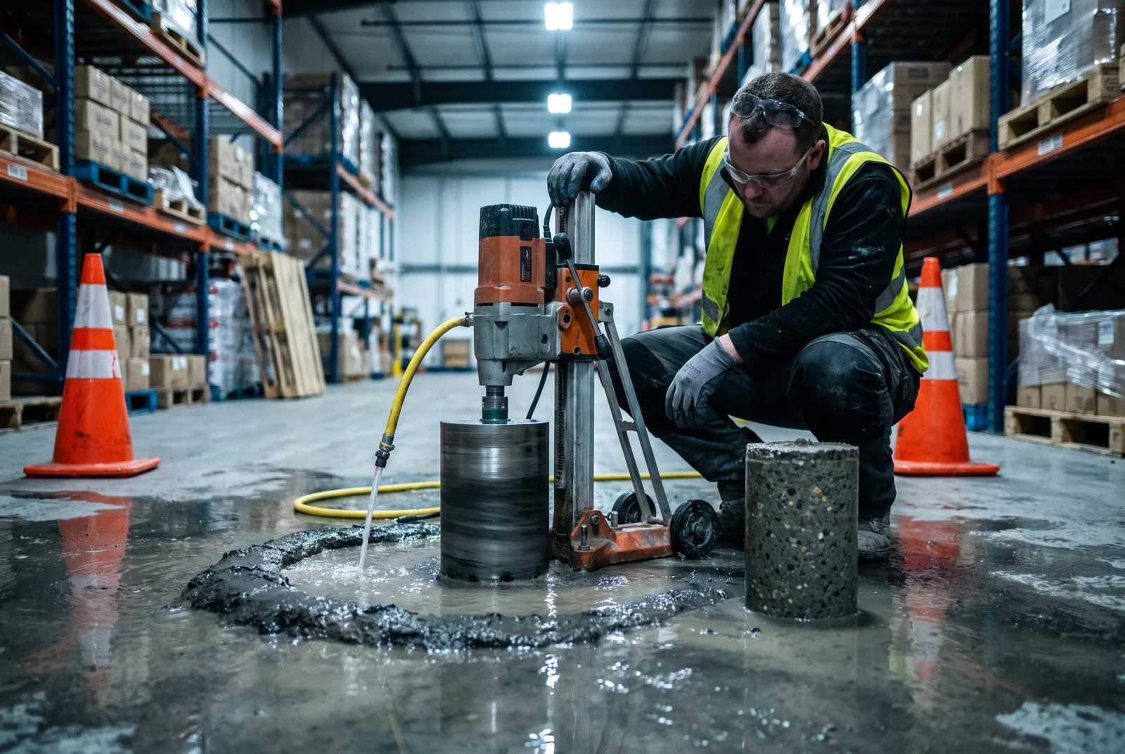 Concrete technician core-drilling a warehouse slab sample with an extracted core cylinder standing beside the rig