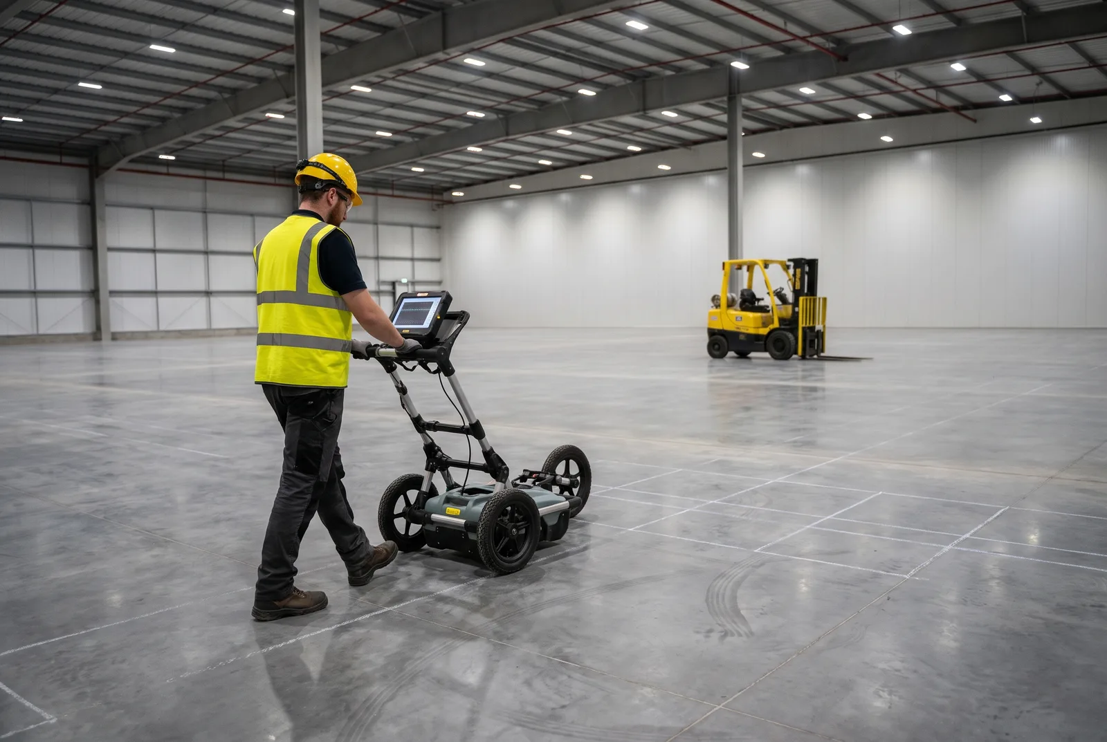 Technician scanning a warehouse concrete slab with ground-penetrating radar ahead of a mezzanine installation