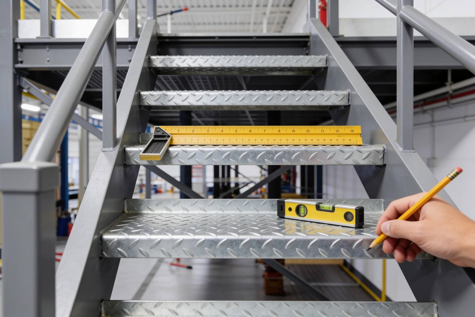 Close view of galvanized mezzanine stair treads with a folding ruler and torpedo level laid across them during a dimension check