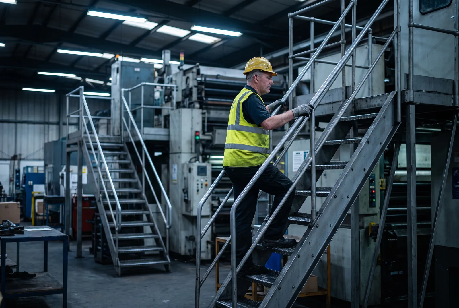 Worker climbing a steep OSHA-style ship stair to an equipment platform, with a standard-angle staircase visible in the background