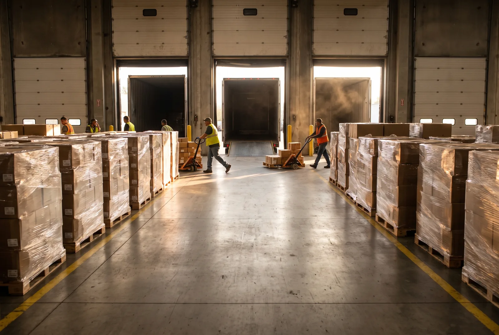 Warehouse interior mid-relocation with wrapped pallets staged in floor lanes and workers wheeling pallet jacks toward open dock doors