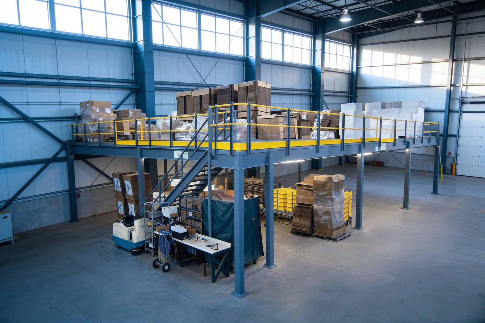 Free-standing slate-blue steel mezzanine in active use inside an existing warehouse, seen from an elevated vantage showing the unchanged building footprint