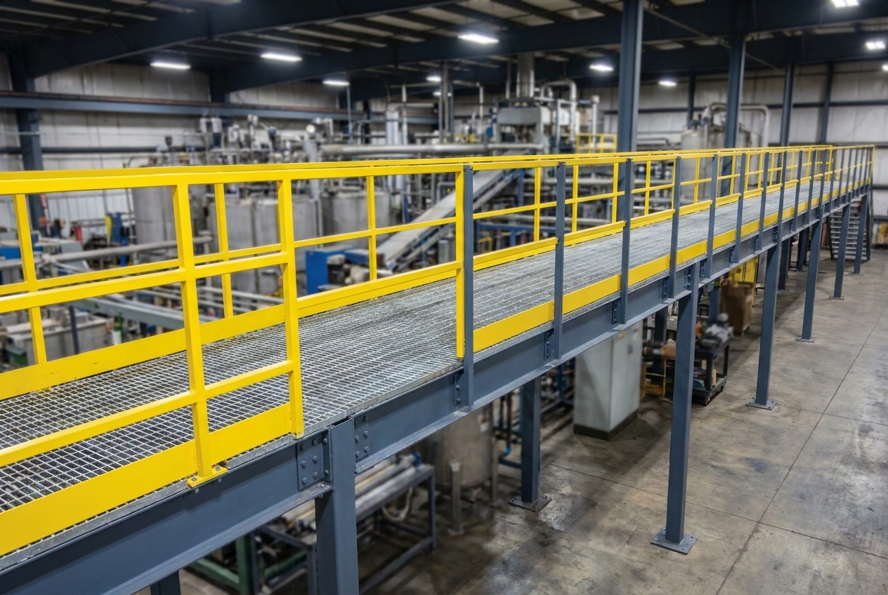 Narrow elevated industrial catwalk running across the top of process equipment in a manufacturing facility, with yellow handrails