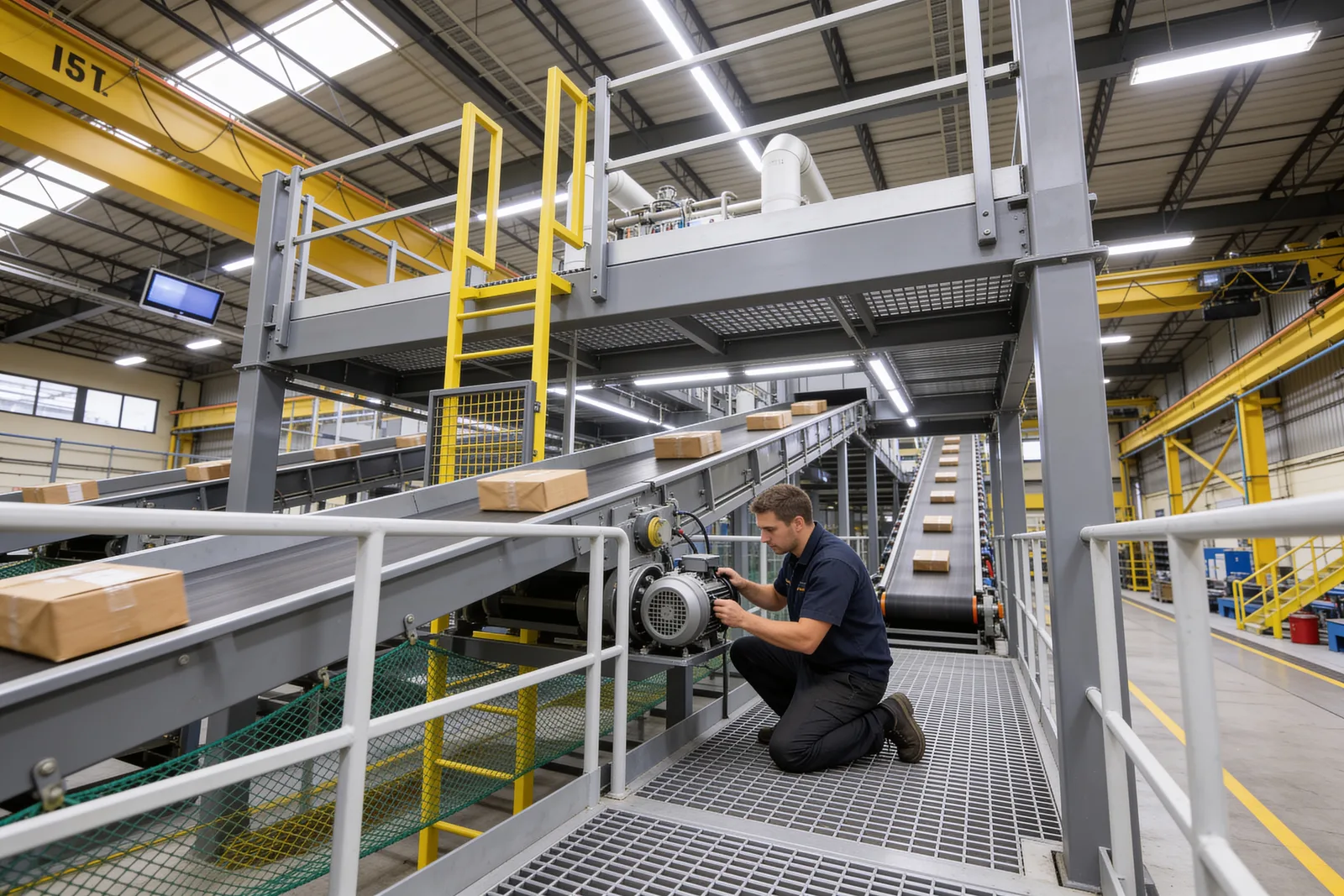 Steel equipment platform providing maintenance access to package conveyors in a parcel sorting facility, with a technician inspecting a drive motor