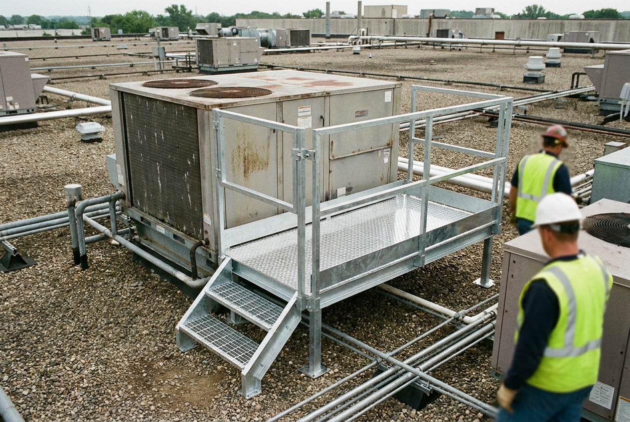 Small steel work platform mounted around a large industrial HVAC unit on a factory rooftop, with safety railings and an access stair