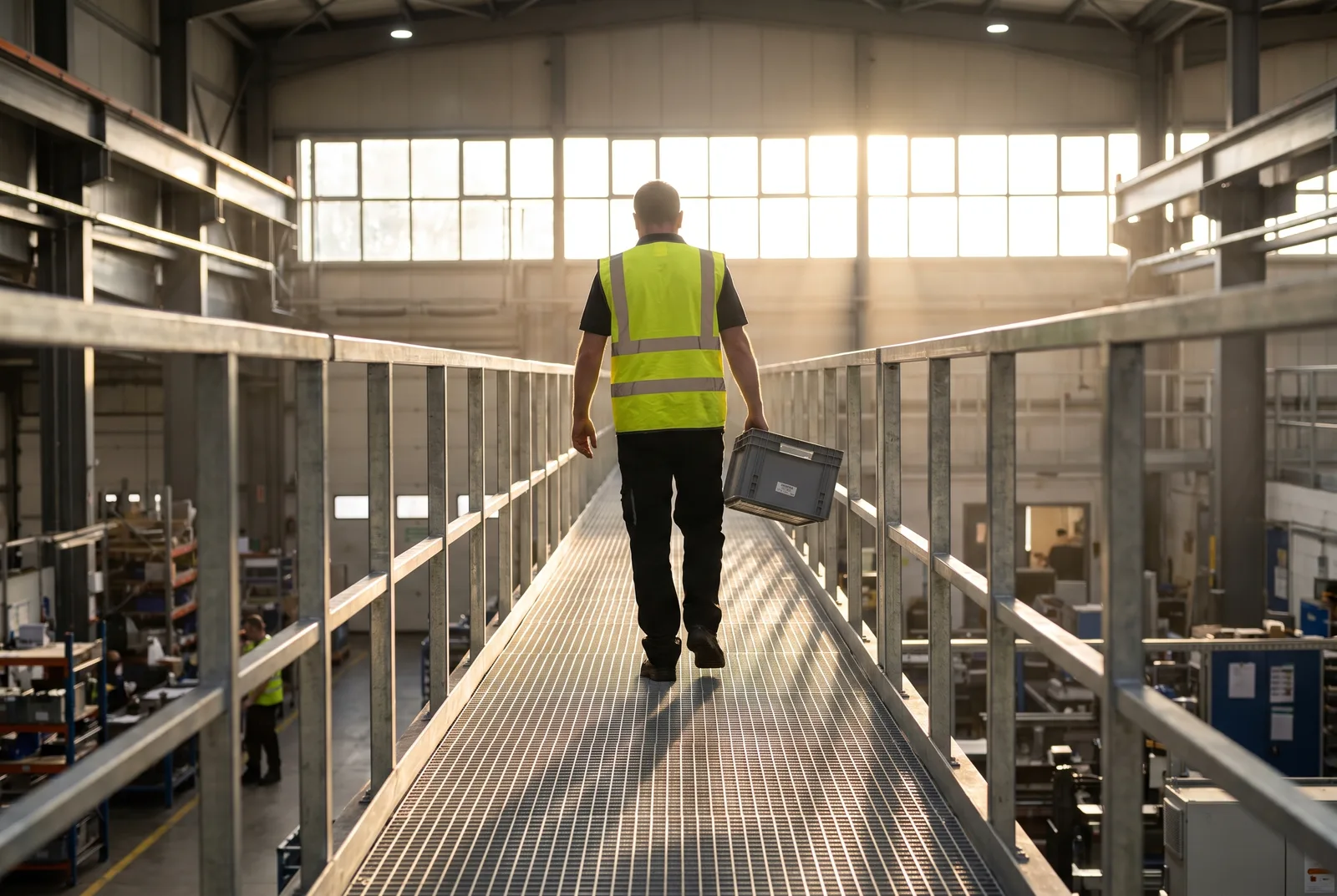 Warehouse worker carrying a parts tote across a backlit elevated steel walkway with galvanized grating and handrails