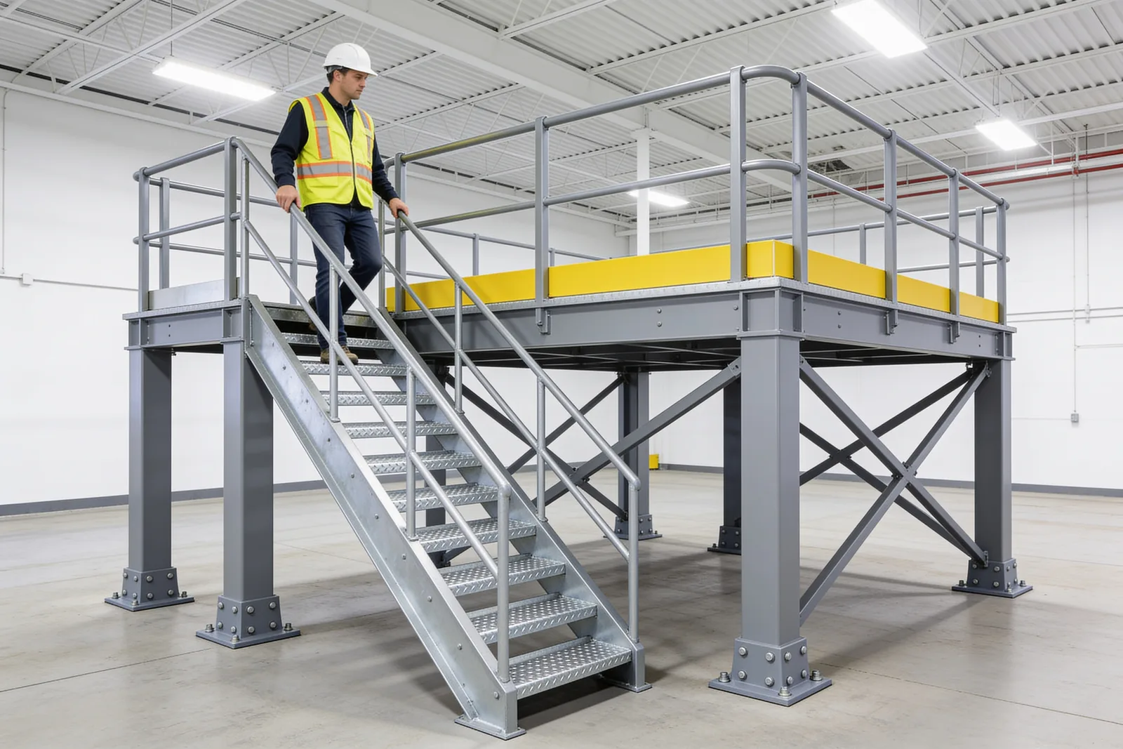 Worker in a hi-vis vest and white hard hat climbing a galvanized dimple-tread steel stair with handrails onto a grey free-standing steel platform with guardrails and a yellow kick plate, square columns on bolted base plates and X-bracing below