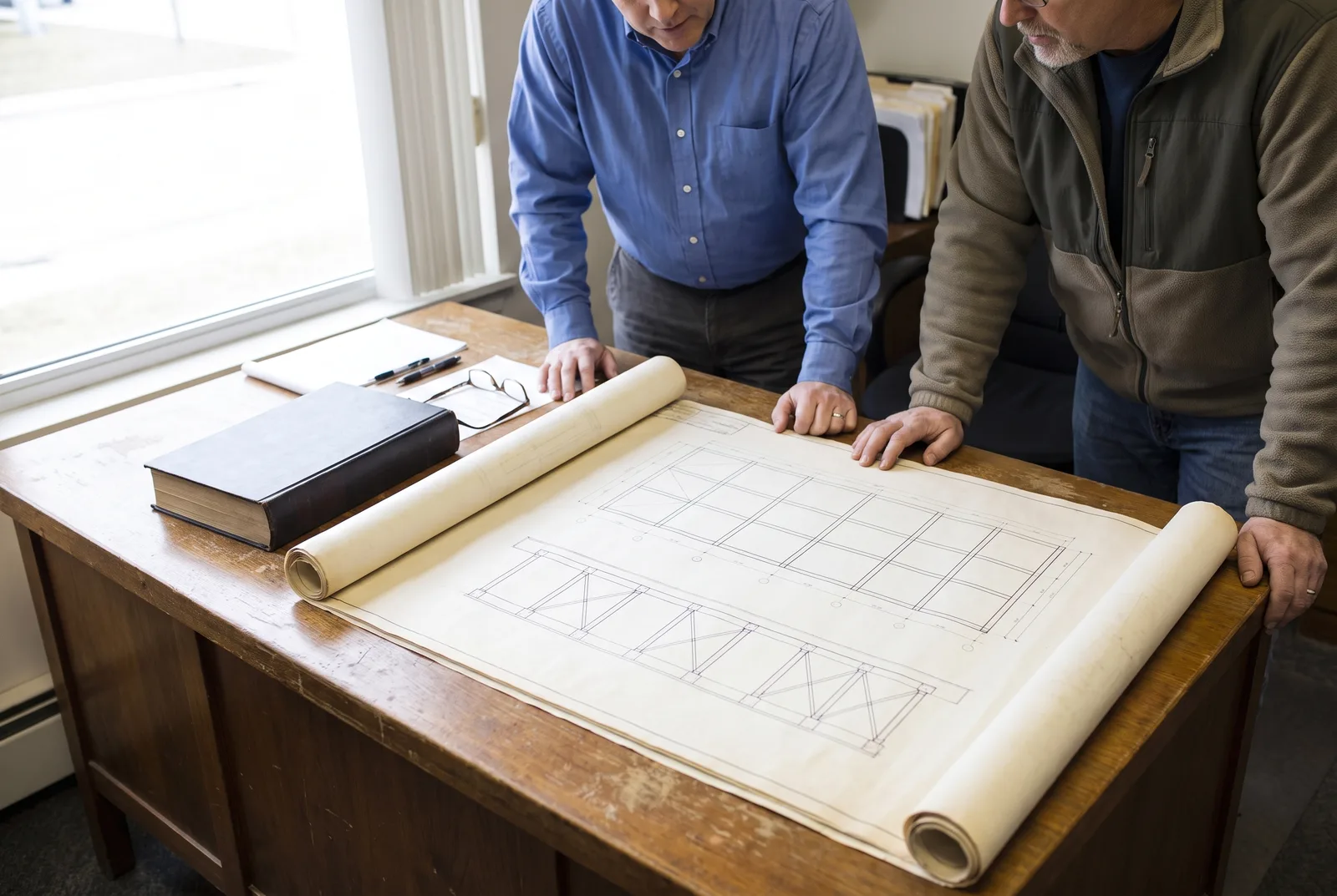 Two men leaning over a desk reviewing a large rolled-out drawing of a steel platform grid and braced elevation, with a closed hardbound book and reading glasses beside it by a window