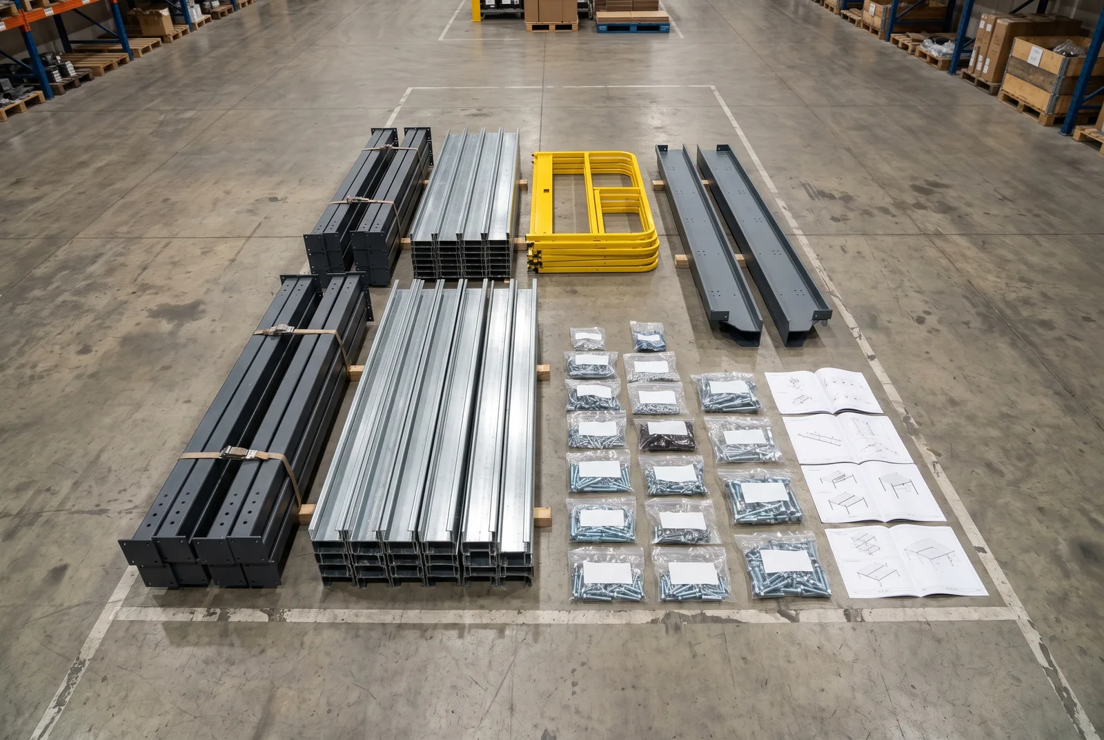 Complete modular mezzanine kit laid out in organized rows on a warehouse floor before assembly