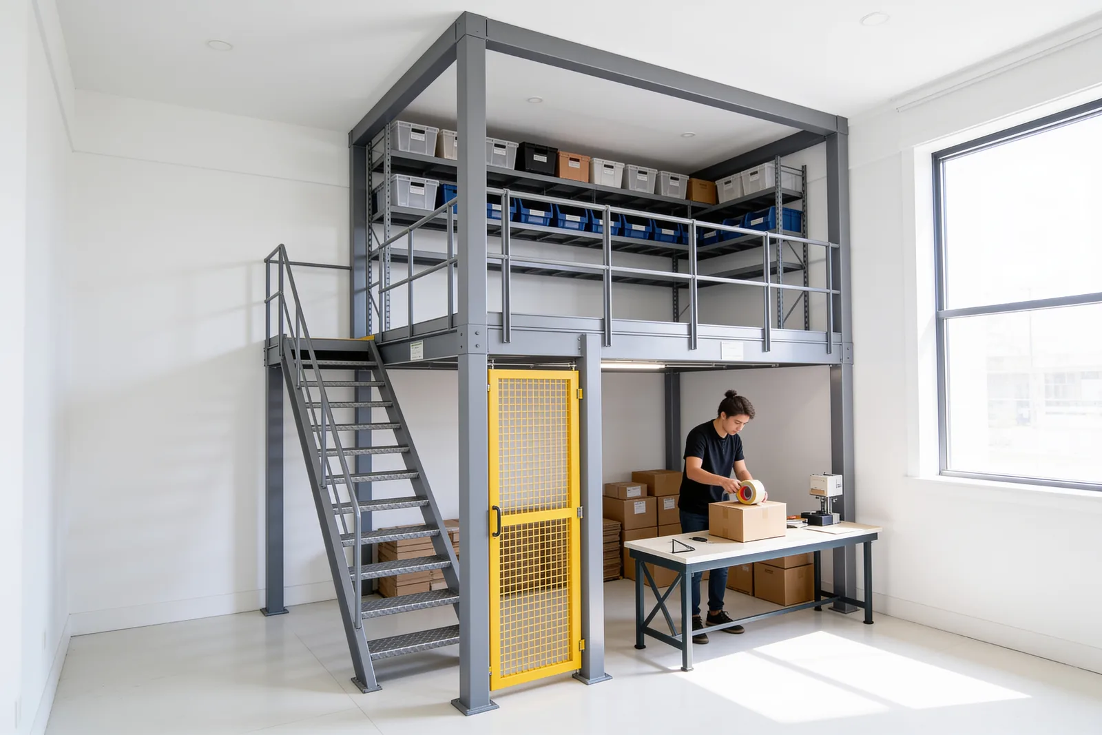 Compact fully-assembled modular mezzanine in a small e-commerce business unit with storage above and a packing bench below