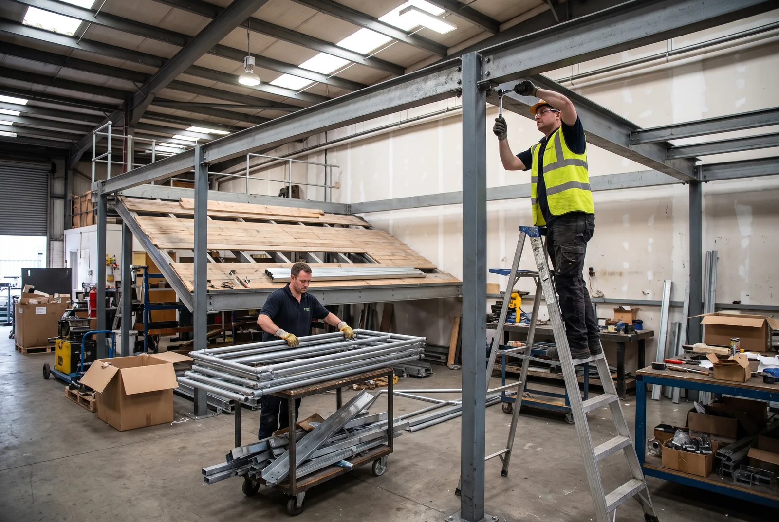 Two workers unbolting a modular mezzanine for relocation, stacking guardrail sections onto an organized cart