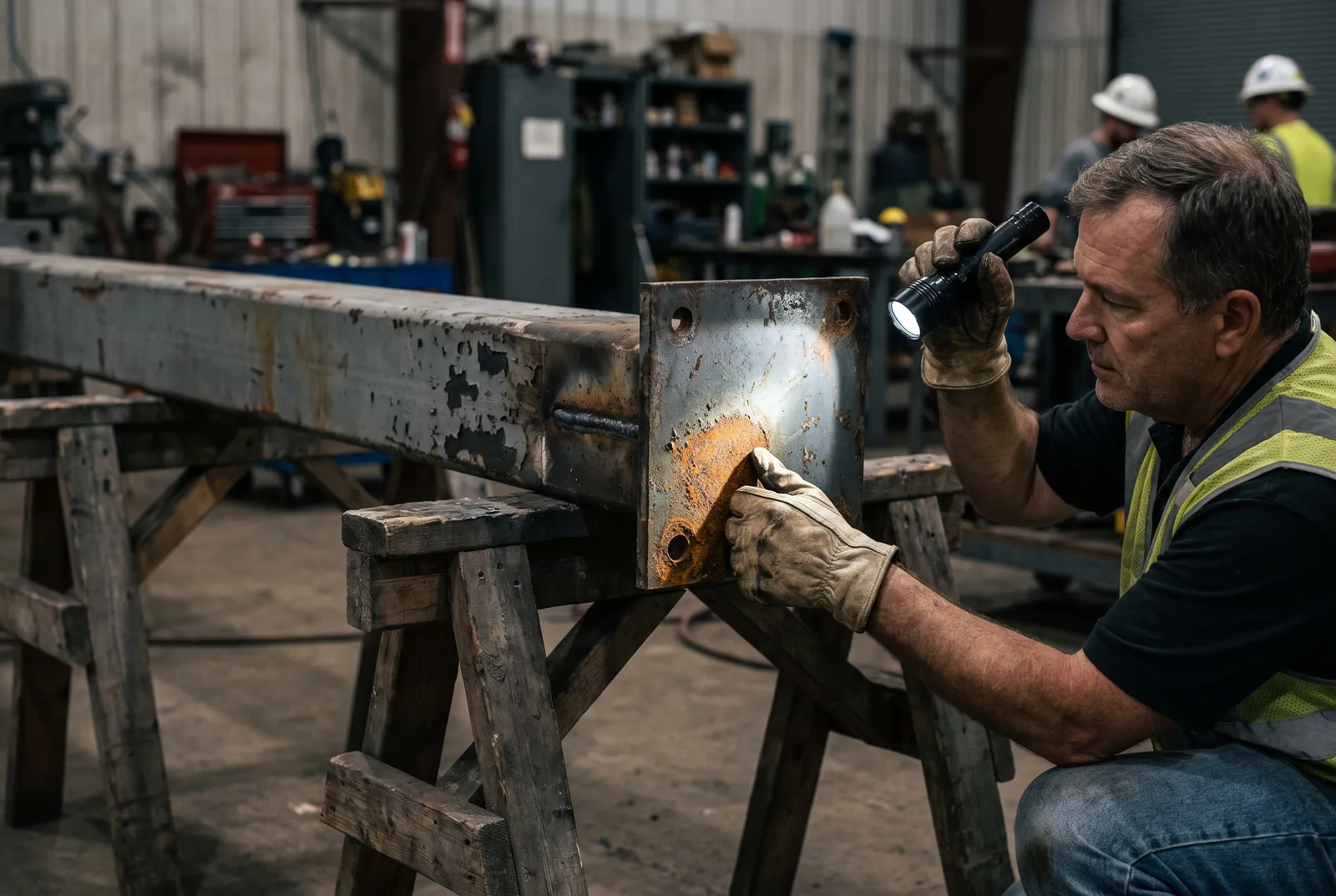 Inspector examining the base plate weld of a used steel mezzanine column with a flashlight, surface rust visible