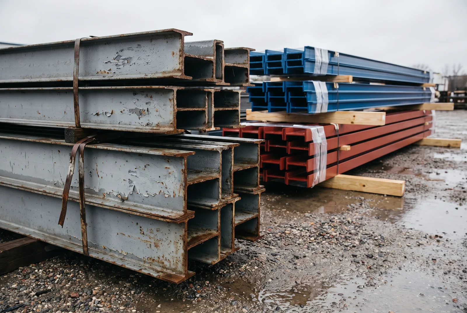 Aged used steel beam bundle in the foreground against fresh factory-banded powder-coated bundles behind — old versus new