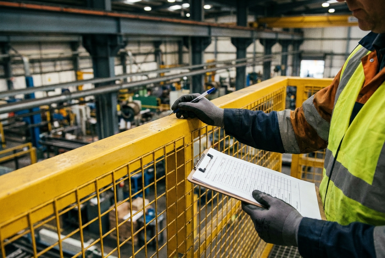 Workplace safety inspector examining a yellow mezzanine guardrail with a clipboard checklist in an industrial setting