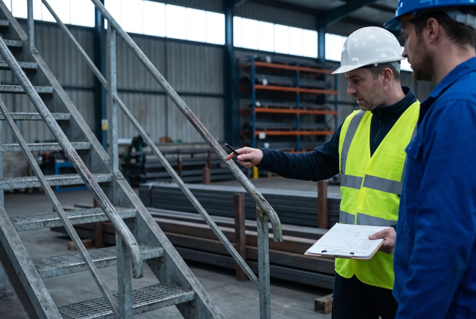Safety manager reviewing an inspection checklist with a supervisor at the base of a galvanized industrial mezzanine staircase