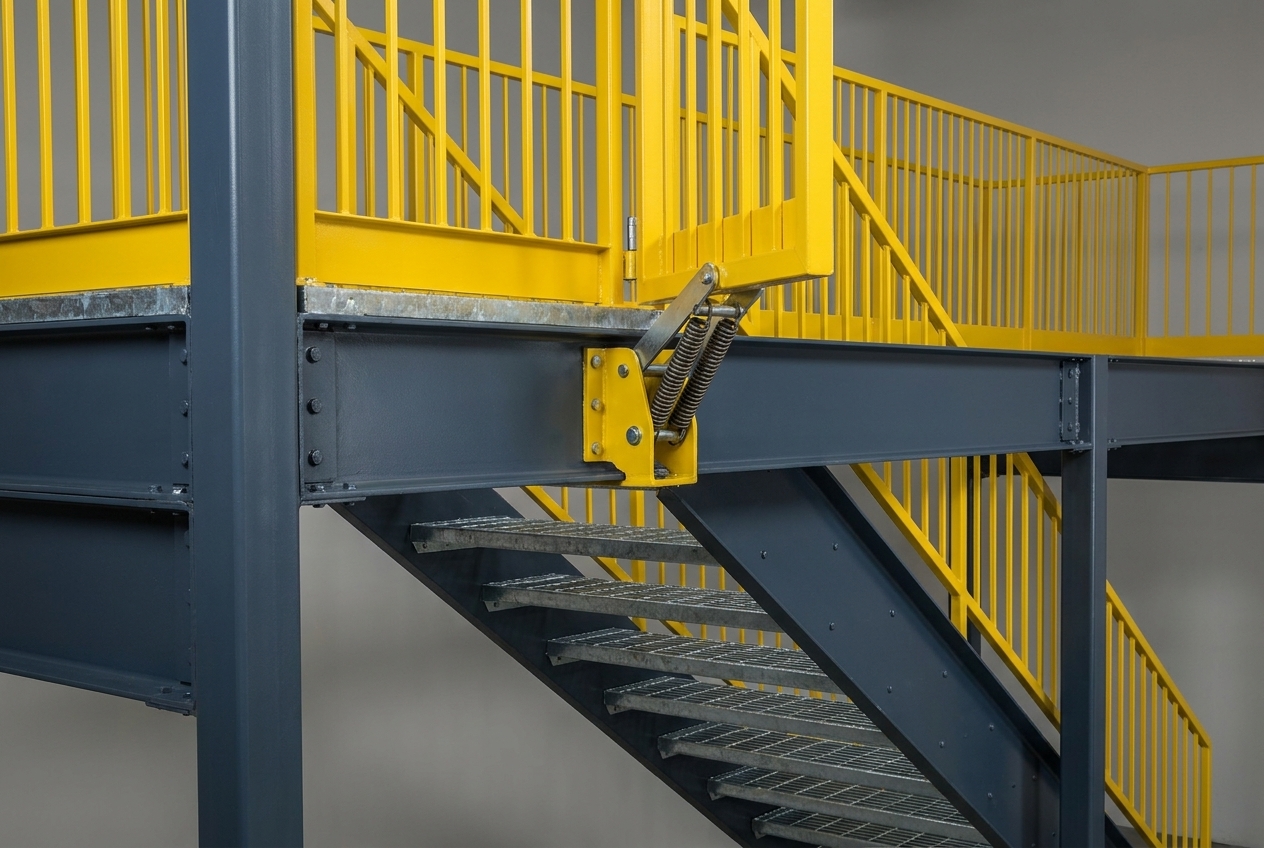 Self-closing yellow safety gate at the top of an industrial mezzanine stair, with spring hinge visible and bar-grating treads descending below