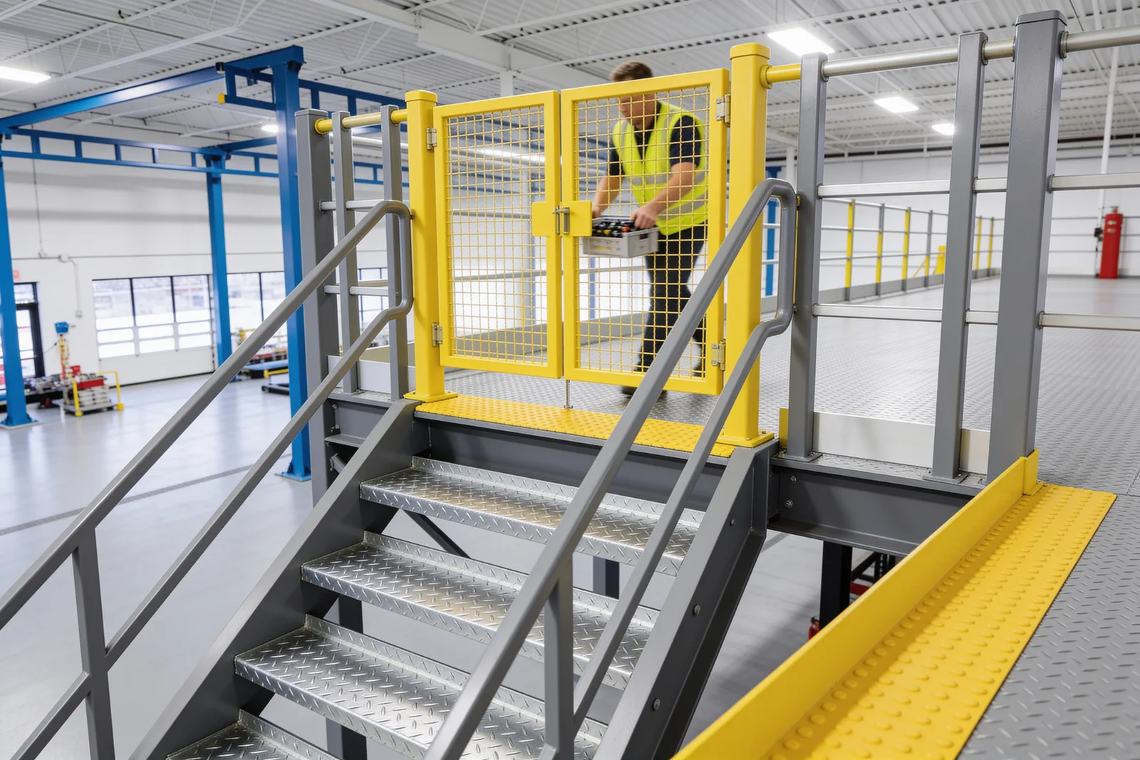 Worker passing through a safety-yellow self-closing swing gate at the top landing of an industrial mezzanine staircase