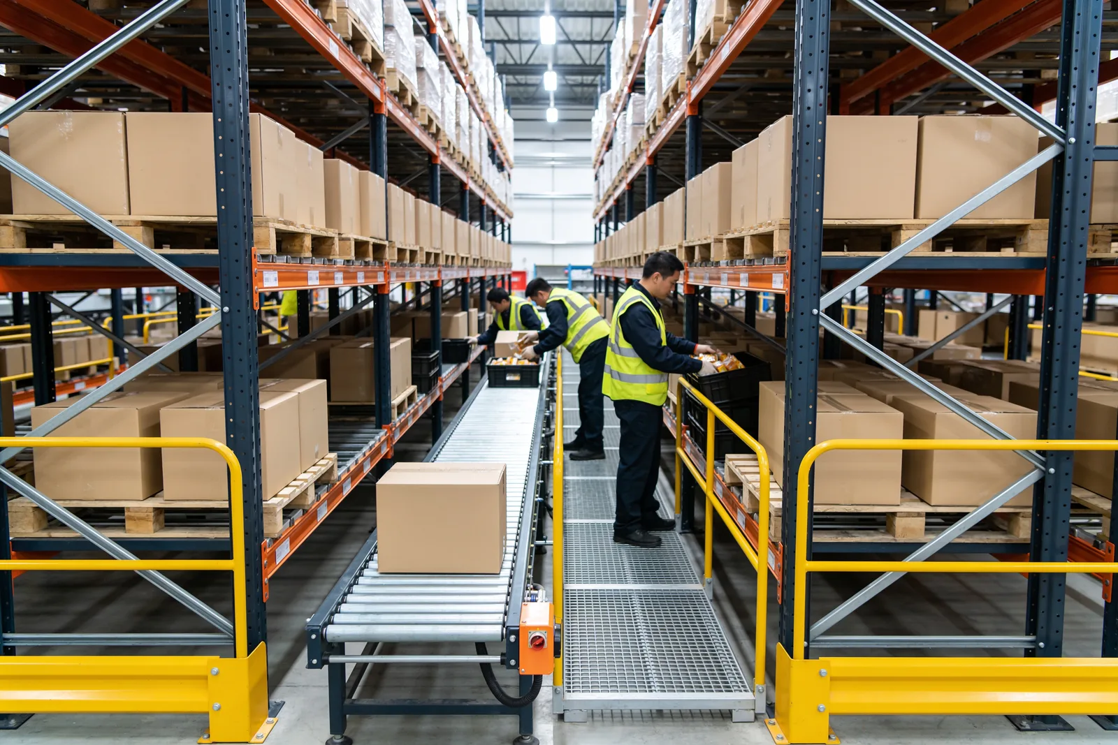 Multi-level pick module with workers picking cartons to a powered conveyor line running through the rack-supported structure