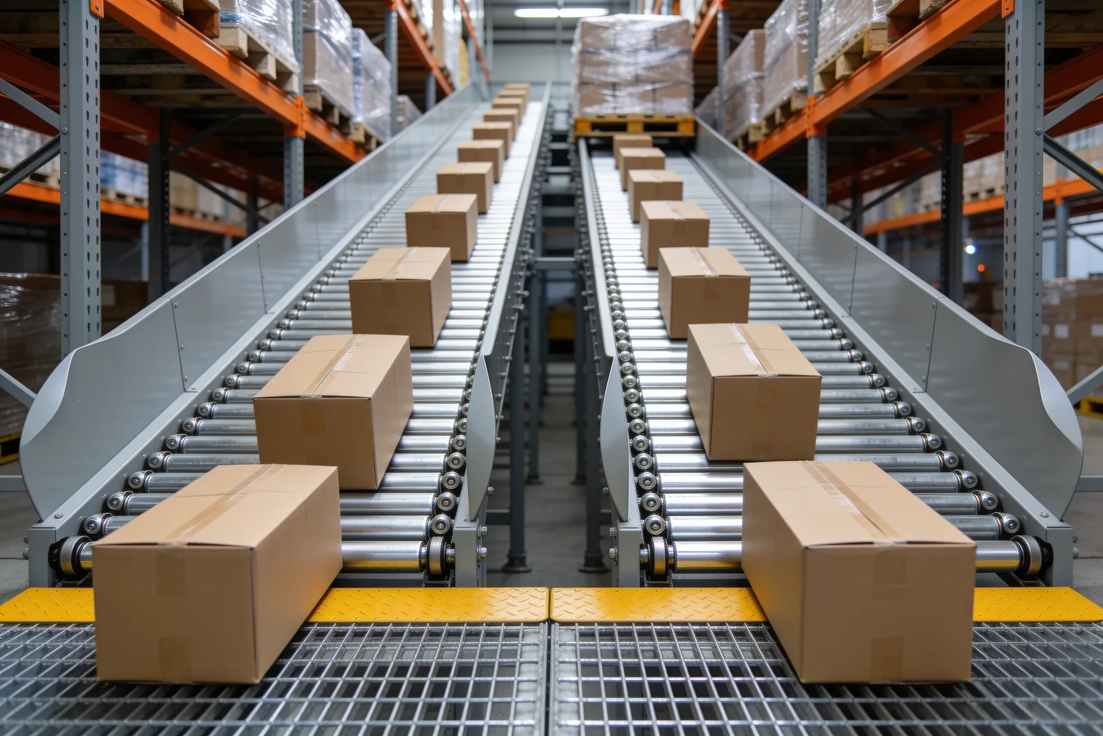 Carton flow lanes of inclined roller rails feeding brown cartons down toward the pick face, with shrink-wrapped pallet loads on orange rack beams above and a bar-grating floor with a safety-yellow kick plate at the edge