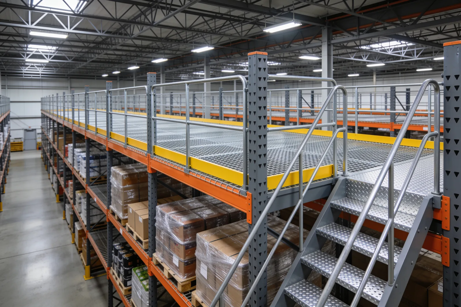 Wide view of a distribution center where an elevated rack-supported platform occupies part of the floor, roll-formed uprights carrying a grating deck with guarded edges, pallet racking continuing at floor level below