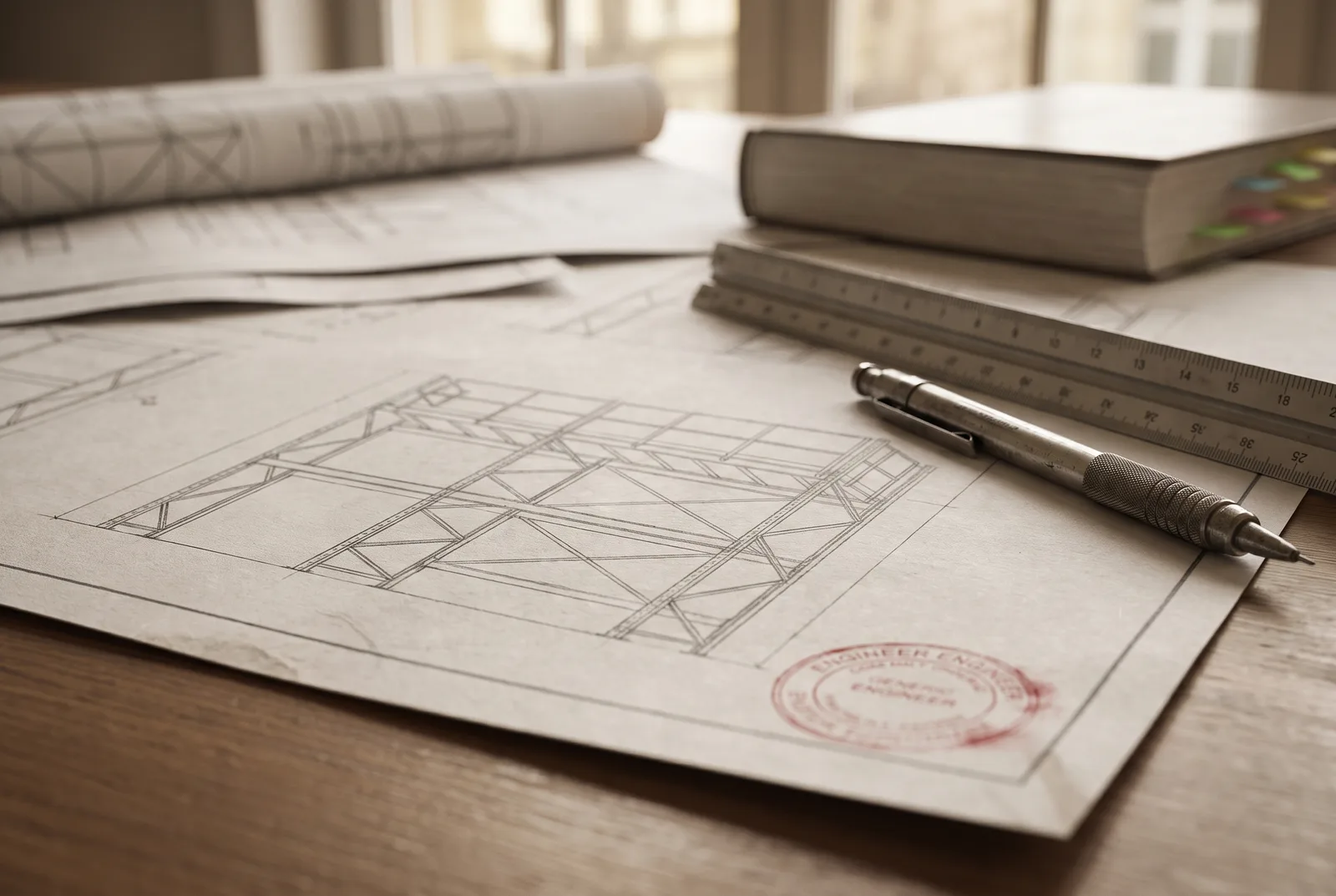 Structural elevation line-drawing of a rack-supported platform on an engineering plan-review table, stamped with a red engineer's seal, a scale ruler and mechanical pencil across the sheet and a tabbed code reference book behind