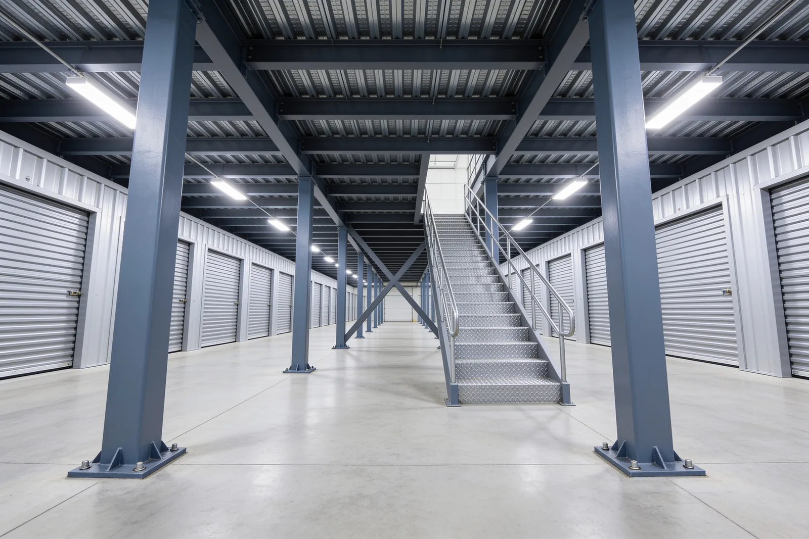 Ground-floor aisle beneath a self-storage mezzanine deck: grey square-tube steel columns on bolted base plates carry beams and closely spaced joists overhead, diagonal X-bracing fills the centre bay, roll-up unit doors line both sides, and a galvanized dimple-tread stair rises to the upper level at the end of the aisle