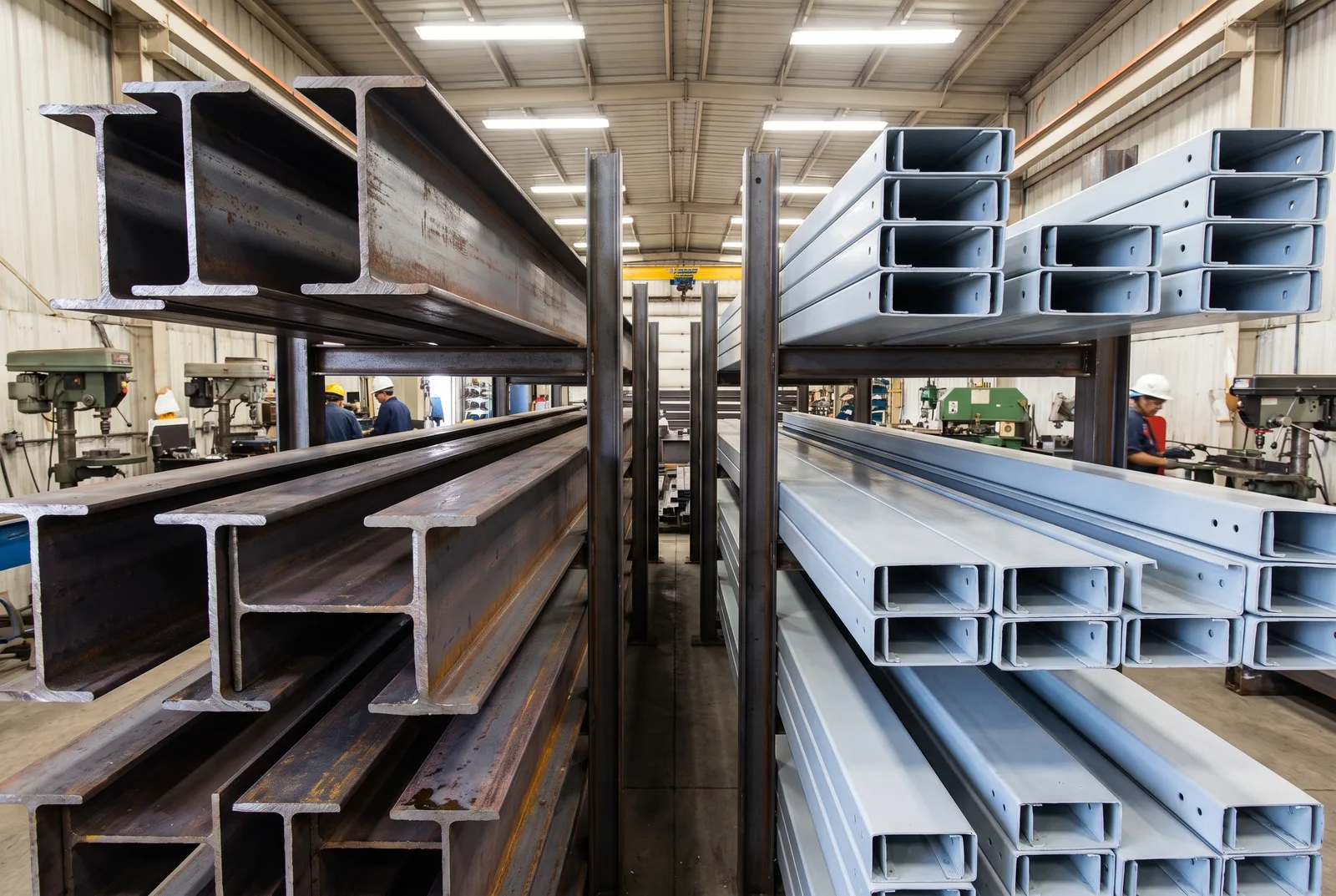 Hot-rolled structural I-beams beside lighter cold-formed C-section channels on racks in a fabrication shop