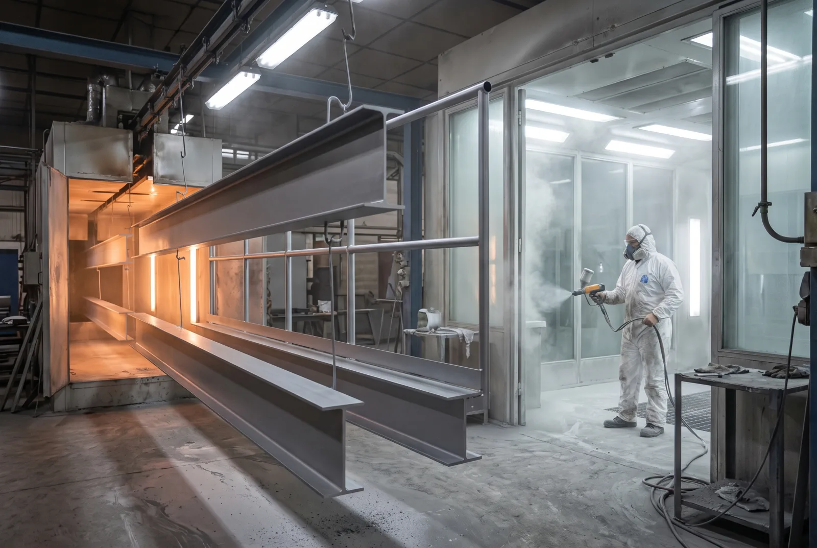 Freshly powder-coated grey mezzanine components emerging from a curing oven on an overhead conveyor line