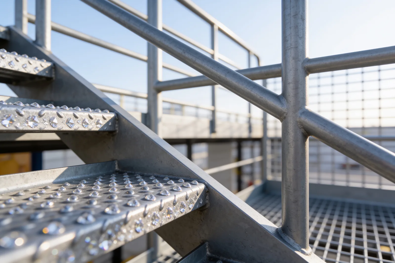 Macro view of galvanized mezzanine components with the zinc spangle crystal pattern catching directional light