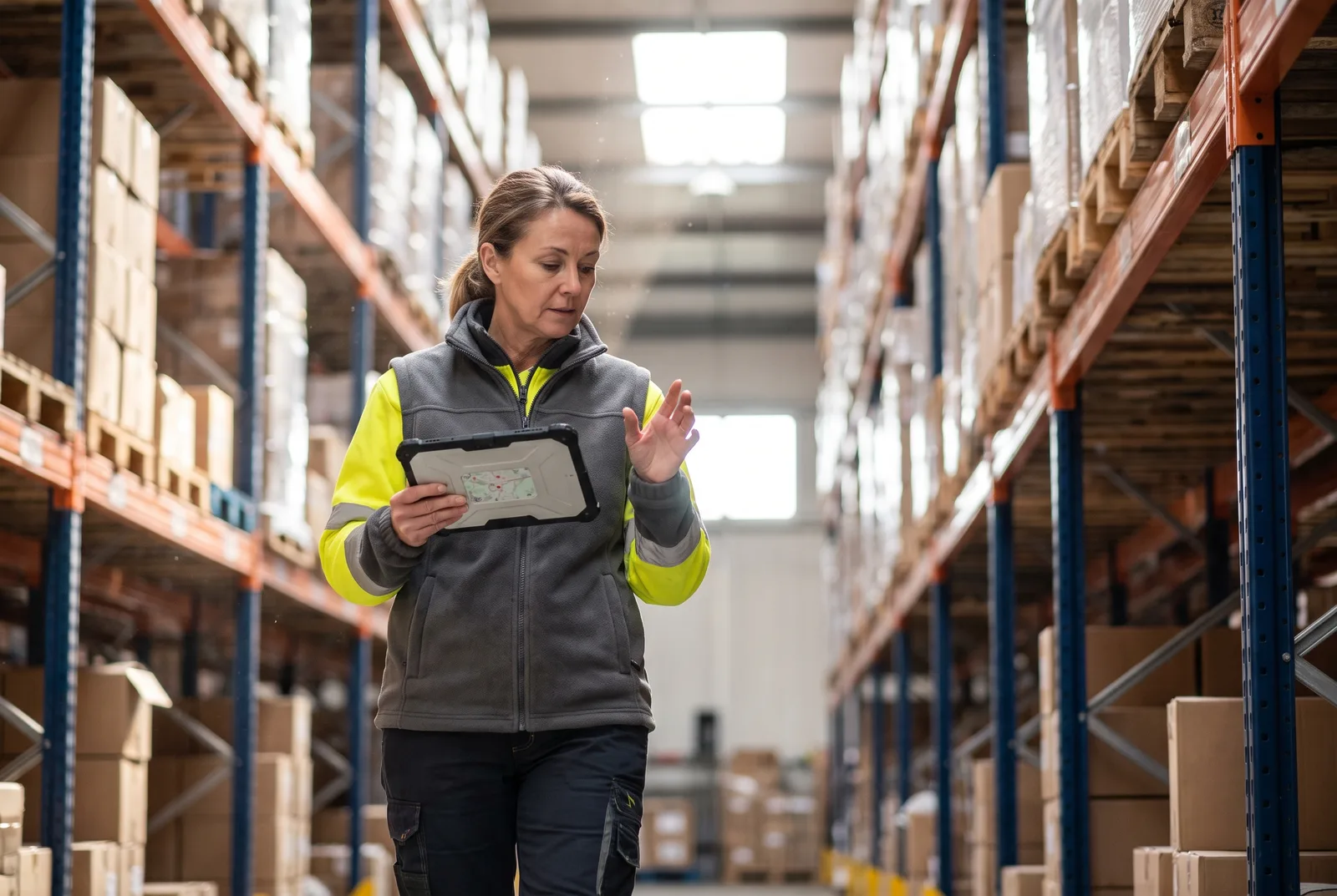Warehouse operations manager reviewing slotting plans on a tablet while walking a racking aisle