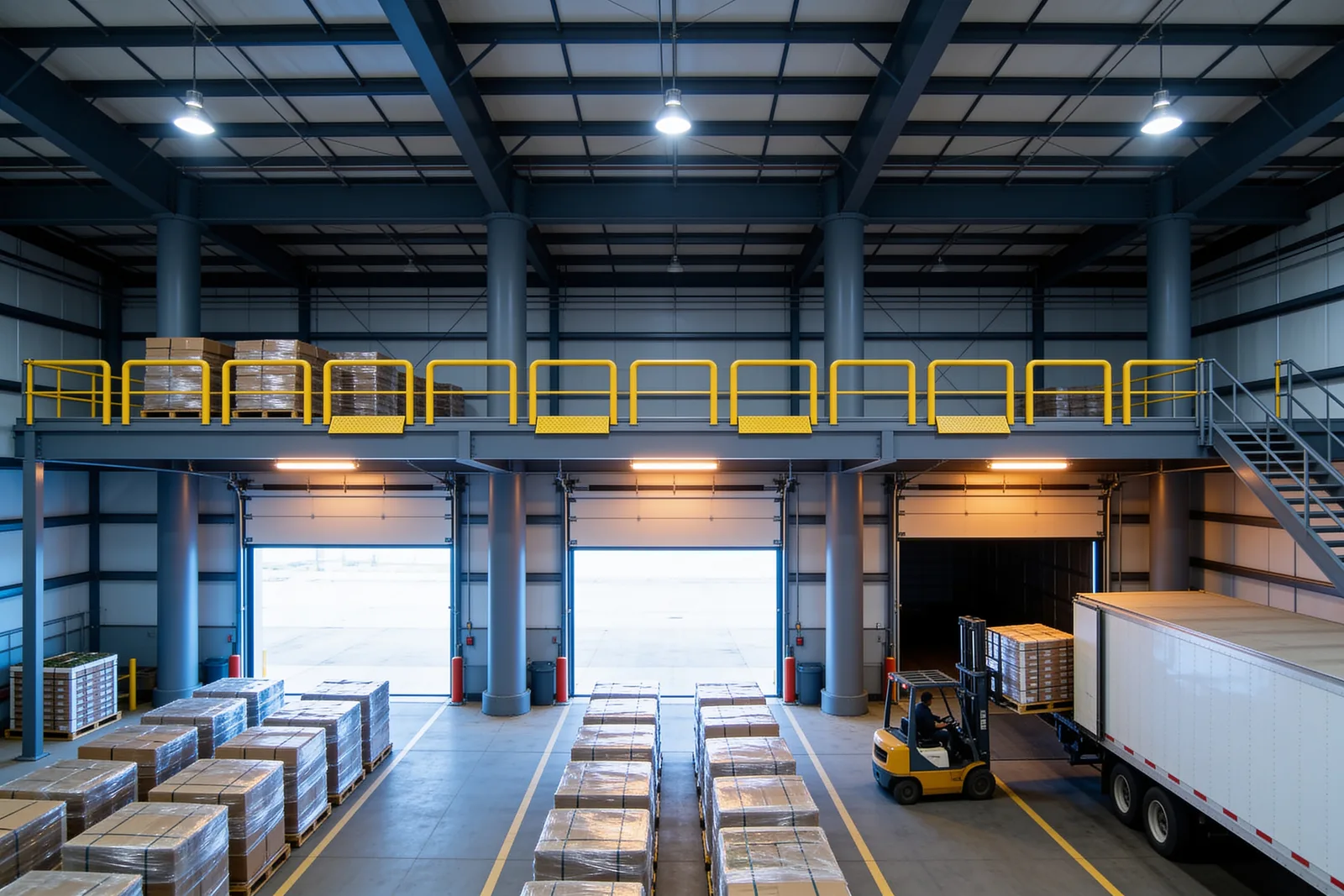 Steel mezzanine above a dock staging area with wrapped pallets moving to trailers below and reserve stock stored above