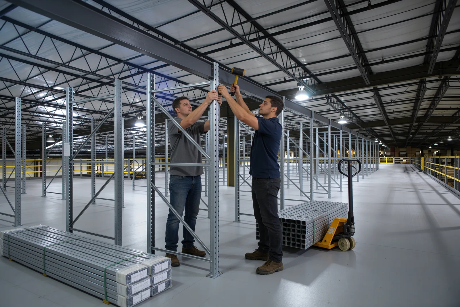 Workers assembling new steel shelving rows on top of a mezzanine deck behind yellow perimeter guardrails