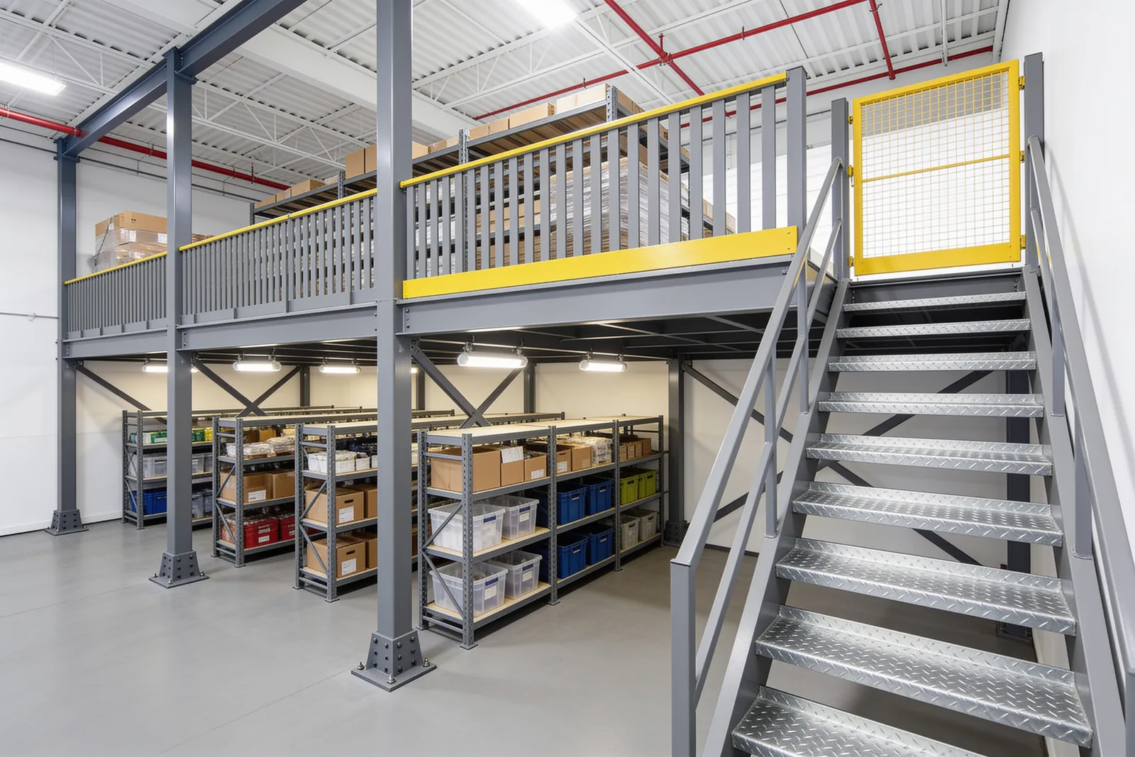 Grey steel mezzanine with picket guardrails and yellow kick plates above an open area of grey shelving units holding bins and cartons, with a galvanized dimple-tread stair and a yellow safety gate at the deck edge