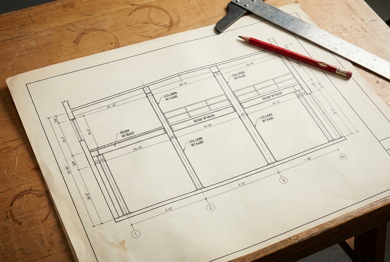 Architectural cross-section drawing of an industrial mezzanine on a drafting desk, showing columns, beams, and dimension annotations
