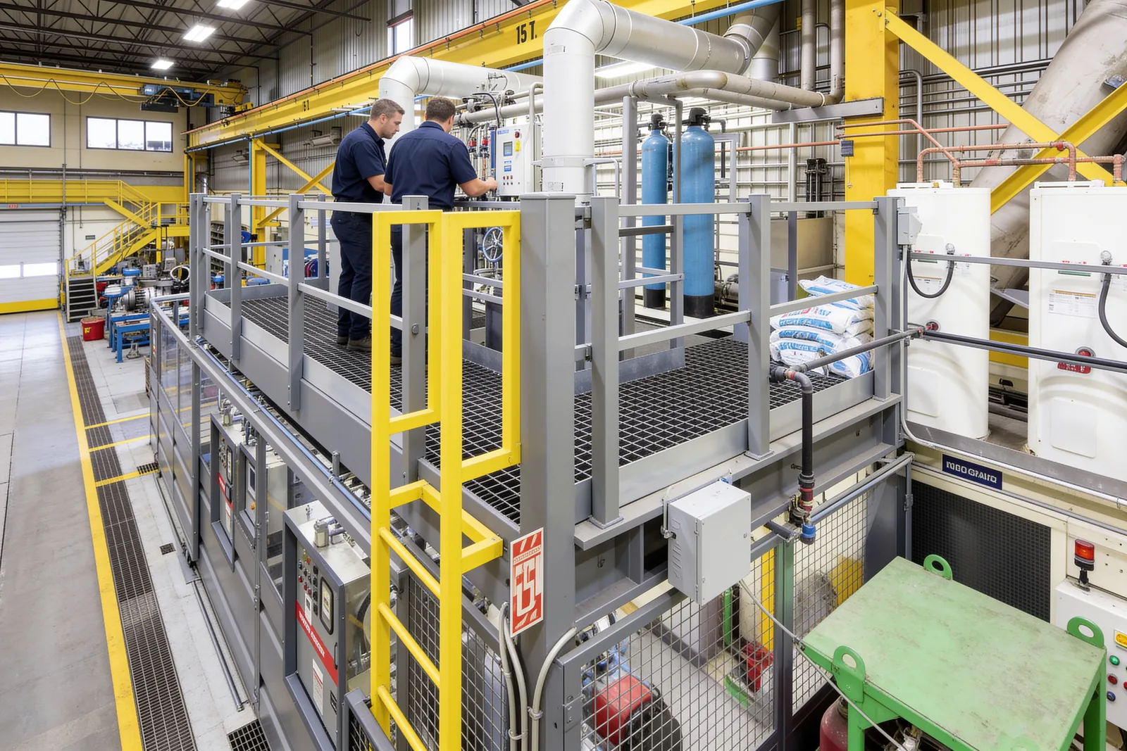 Steel equipment platform mezzanine with bar-grating deck and safety-yellow access ladder surrounding process machinery in a manufacturing plant