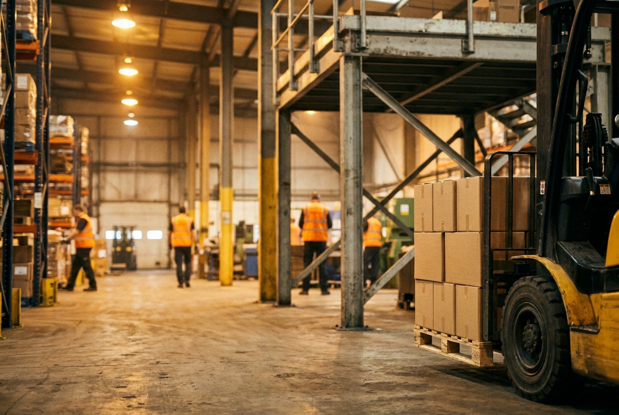 Forklift moving pallets near the steel columns of an industrial mezzanine in a busy warehouse