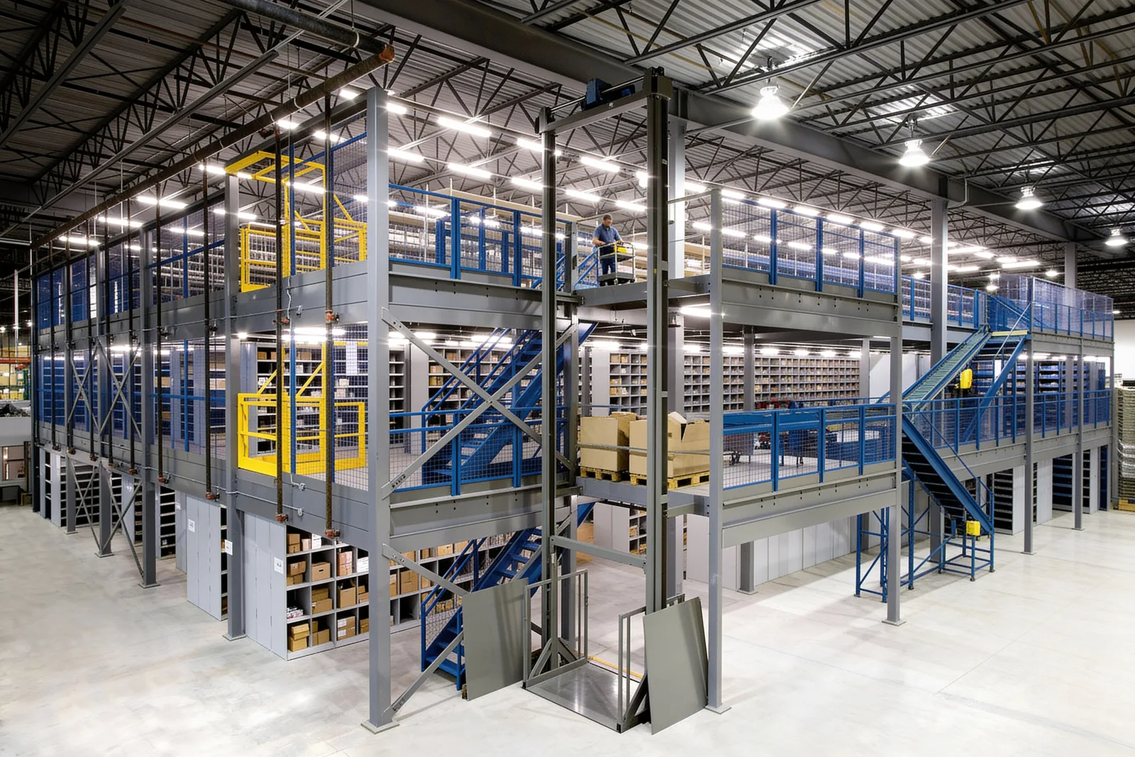 Three-tier multi-level industrial mezzanine with wire-mesh guardrails, safety-yellow pallet gates and a vertical reciprocating lift in a parts distribution center