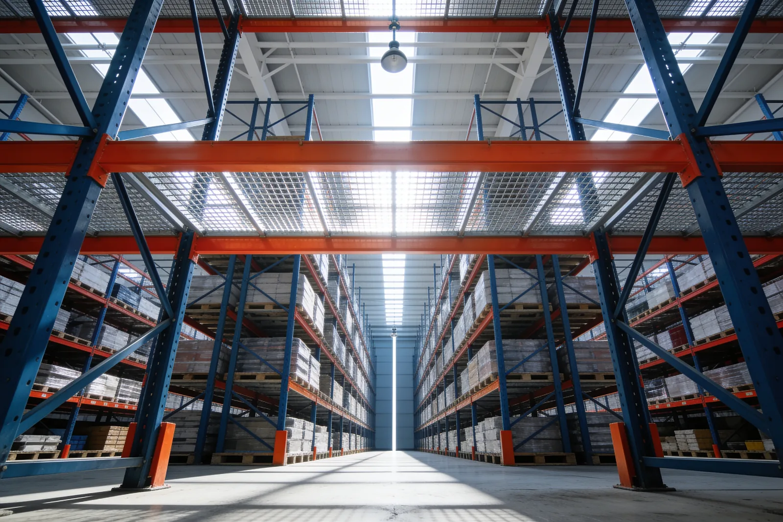 View looking up an aisle between two rows of pallet racking, with light passing down through the open wire mesh decks on the levels overhead