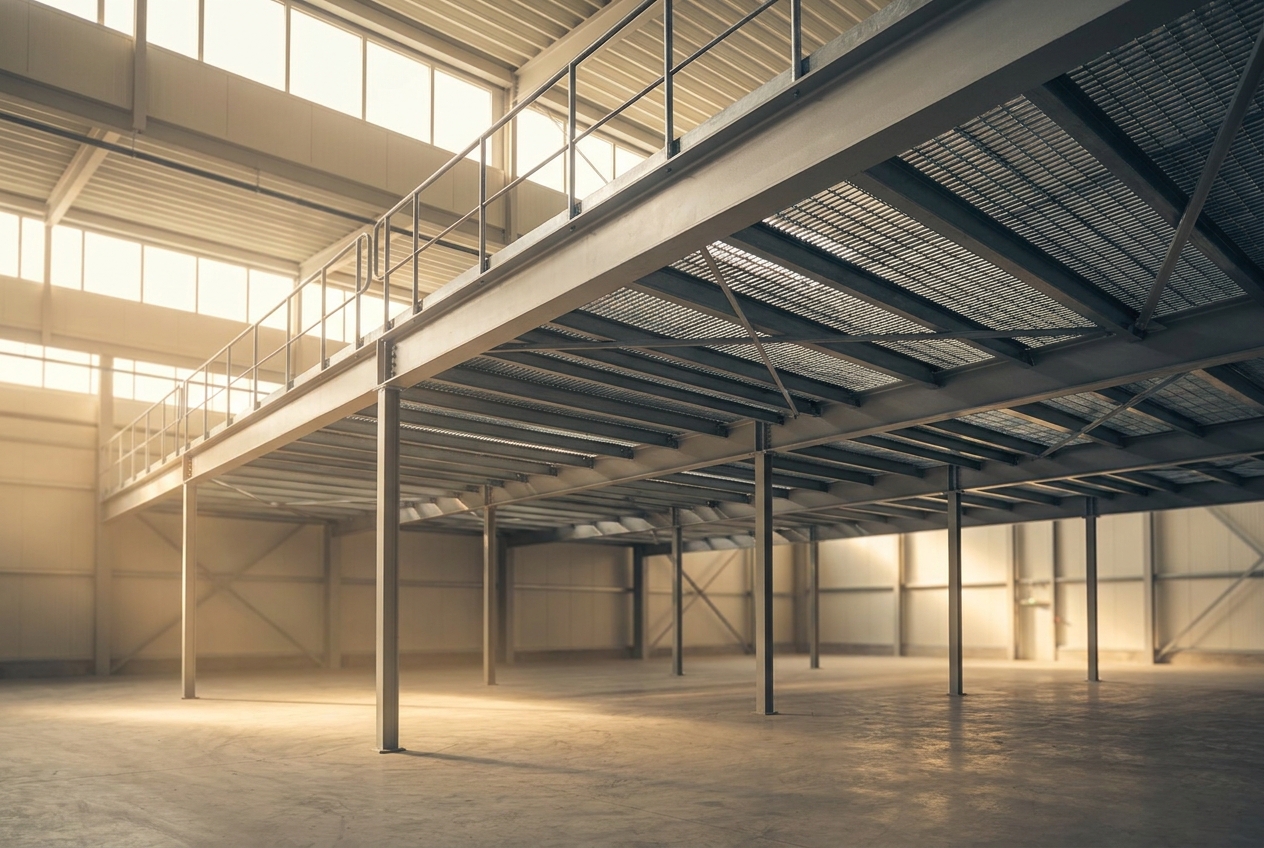 Steel mezzanine spanning the upper level of a modern industrial warehouse, lit by warm afternoon light from clerestory windows